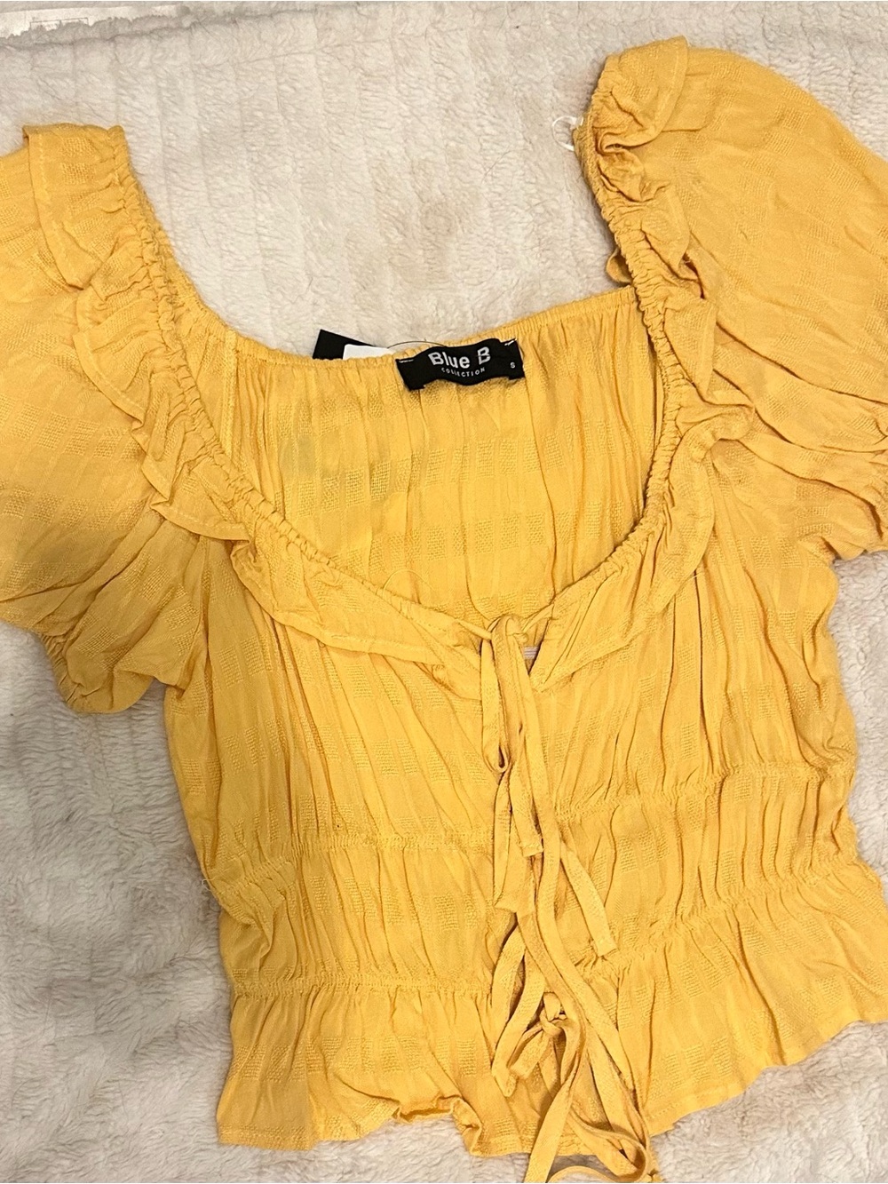 Blue B Yellow Ruffle Tie-Front Crop Top